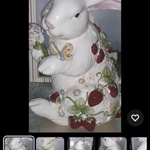 LARGE 13" Ceramic, HAND PAINTED  Bunny Figurine Set (Basket, Dish, Candle Stand)